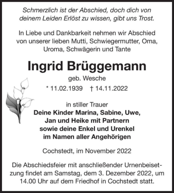 Traueranzeige von Ingrid Brüggemann (geb. Wesche)  von Magdeburger Volksstimme