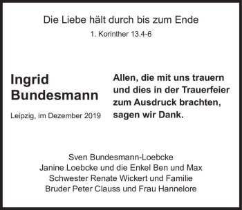 Traueranzeige von Ingrid Bundesmann  von Magdeburger Volksstimme