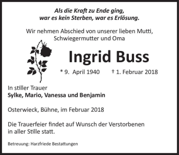 Traueranzeige von Ingrid Buss  von Magdeburger Volksstimme