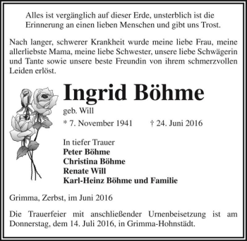 Traueranzeige von Ingrid Böhme (geb. Will)  von Magdeburger Volksstimme