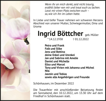 Traueranzeige von Ingrid Böttcher (geb. Müller)  von Magdeburger Volksstimme