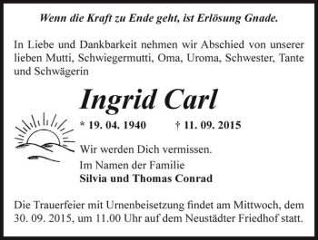 Traueranzeige von Ingrid Carl  von Magdeburger Volksstimme