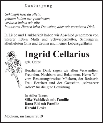Traueranzeige von Ingrid Cellarius (geb. Oelze)  von Magdeburger Volksstimme