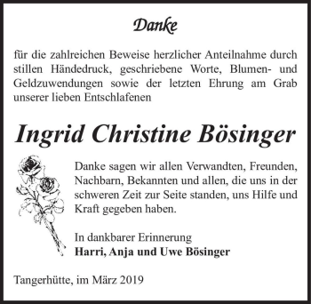 Traueranzeige von Ingrid Christine Bösinger  von Magdeburger Volksstimme