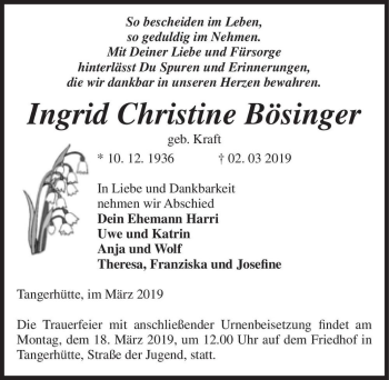 Traueranzeige von Ingrid Christine Bösinger (geb. Kraft)  von Magdeburger Volksstimme