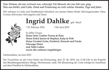 Traueranzeige von Ingrid Dahlke (geb. Mach)  von Magdeburger Volksstimme