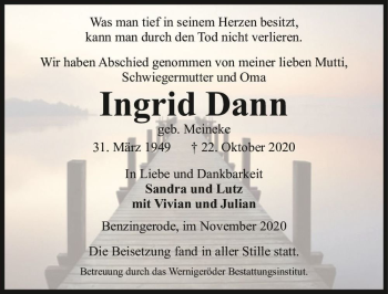 Traueranzeige von Ingrid Dann (geb. Meineke)  von Magdeburger Volksstimme