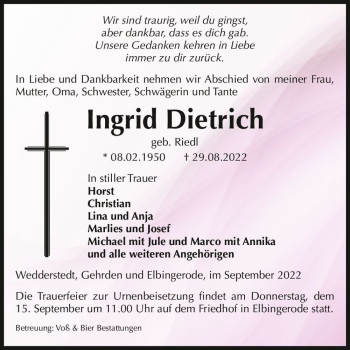 Traueranzeige von Ingrid Dietrich (geb. Riedl)  von Magdeburger Volksstimme