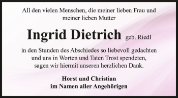 Traueranzeige von Ingrid Dietrich (geb. Riedl)  von Magdeburger Volksstimme