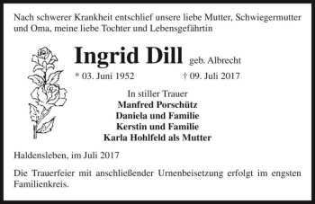 Traueranzeige von Ingrid Dill (geb. Albrecht)  von Magdeburger Volksstimme