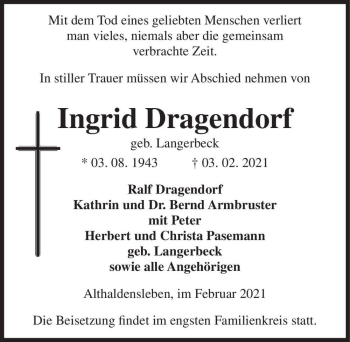 Traueranzeige von Ingrid Dragendorf (geb. Langerbeck)  von Magdeburger Volksstimme