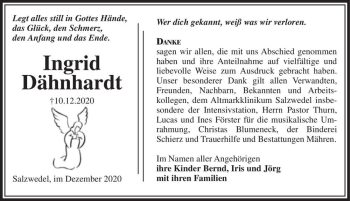 Traueranzeige von Ingrid Dähnhardt  von Magdeburger Volksstimme