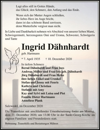 Traueranzeige von Ingrid Dähnhardt (geb. Hartmann)  von Magdeburger Volksstimme