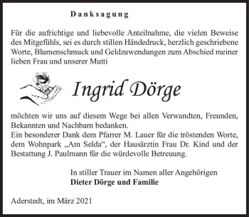 Traueranzeige von Ingrid Dörge  von Magdeburger Volksstimme