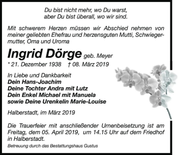 Traueranzeige von Ingrid Dörge (geb. Meyer)  von Magdeburger Volksstimme
