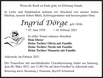 Traueranzeige von Ingrid Dörge (geb. Orlik)  von Magdeburger Volksstimme