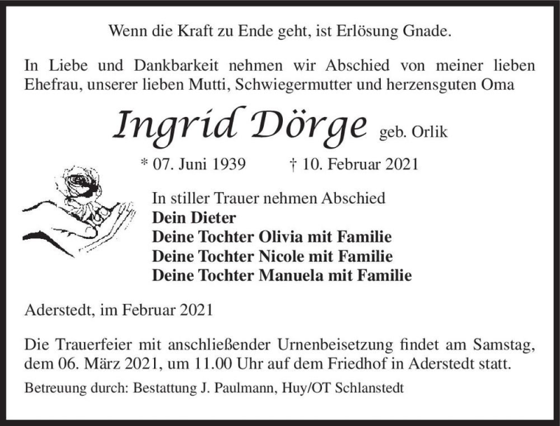  Traueranzeige für Ingrid Dörge (geb. Orlik)  vom 20.02.2021 aus Magdeburger Volksstimme