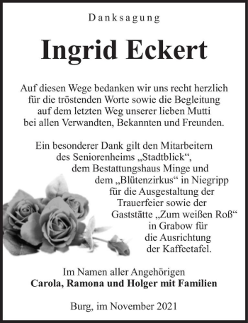 Traueranzeige von Ingrid Eckert  von Magdeburger Volksstimme
