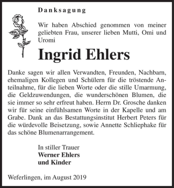 Traueranzeige von Ingrid Ehlers  von Magdeburger Volksstimme