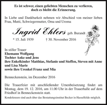Traueranzeige von Ingrid Ehlers (geb. Burandt)  von Magdeburger Volksstimme