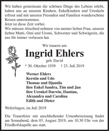 Traueranzeige von Ingrid Ehlers (geb. David)  von Magdeburger Volksstimme