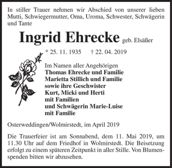 Traueranzeige von Ingrid Ehrecke (geb. Elsäßer)  von Magdeburger Volksstimme