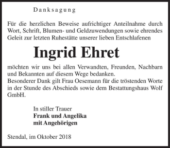 Traueranzeige von Ingrid Ehret  von Magdeburger Volksstimme