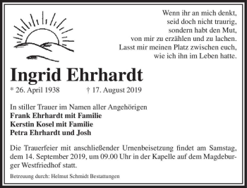 Traueranzeige von Ingrid Ehrhardt  von Magdeburger Volksstimme