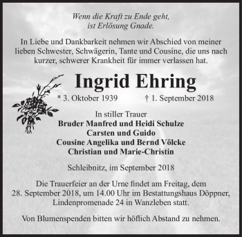 Traueranzeige von Ingrid Ehring  von Magdeburger Volksstimme