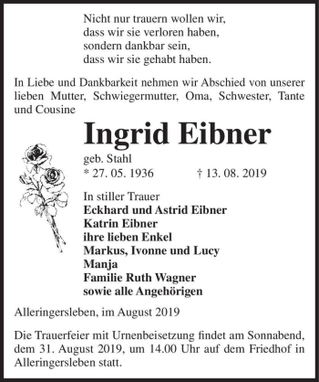 Traueranzeige von Ingrid Eibner (geb. Stahl)  von Magdeburger Volksstimme