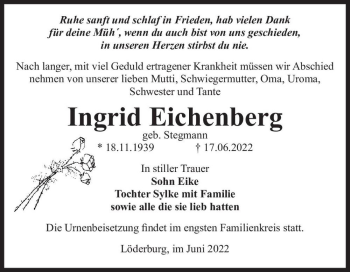 Traueranzeige von Ingrid Eichenberg (geb. Stegmann)  von Magdeburger Volksstimme