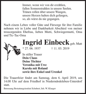 Traueranzeige von Ingrid Einbeck (geb. Matt)  von Magdeburger Volksstimme