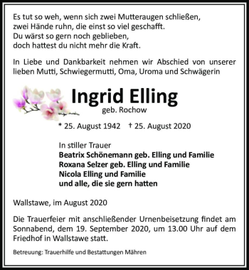 Traueranzeige von Ingrid Elling (geb. Rochow)  von Magdeburger Volksstimme