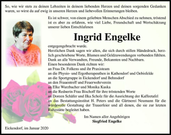 Traueranzeige von Ingrid Engelke  von Magdeburger Volksstimme