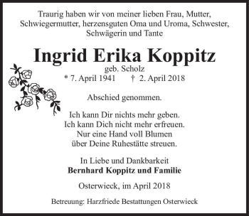 Traueranzeige von Ingrid Erika Koppitz (geb. Scholz)  von Magdeburger Volksstimme