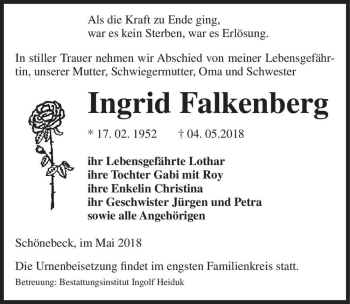 Traueranzeige von Ingrid Falkenberg  von Magdeburger Volksstimme