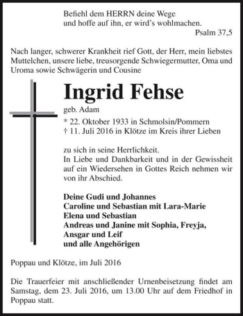 Traueranzeige von Ingrid Fehse (geb. Adam)  von Magdeburger Volksstimme