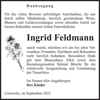 Traueranzeige von Ingrid Feldmann  von Magdeburger Volksstimme