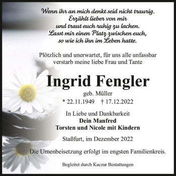 Traueranzeige von Ingrid Fengler (geb. Müller)  von Magdeburger Volksstimme