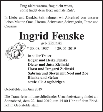 Traueranzeige von Ingrid Fenske (geb. Zielinski)  von Magdeburger Volksstimme