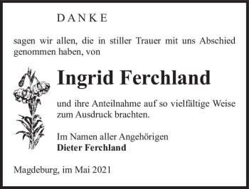 Traueranzeige von Ingrid Ferchland  von Magdeburger Volksstimme