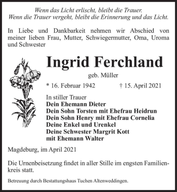 Traueranzeige von Ingrid Ferchland (geb. Müller)  von Magdeburger Volksstimme