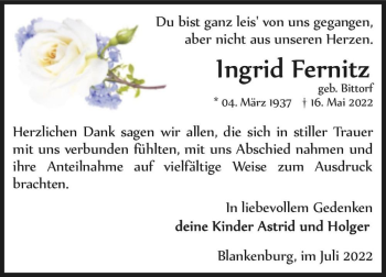 Traueranzeige von Ingrid Fernitz (geb. Bittorf)  von Magdeburger Volksstimme