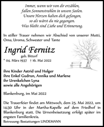 Traueranzeige von Ingrid Fernitz (geb. Bittorf)  von Magdeburger Volksstimme