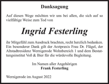 Traueranzeige von Ingrid Festerling  von Magdeburger Volksstimme