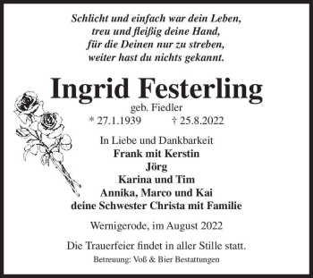 Traueranzeige von Ingrid Festerling (geb. Fiedler)  von Magdeburger Volksstimme