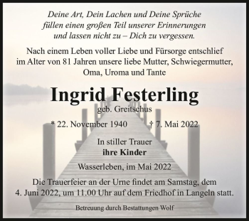 Traueranzeige von Ingrid Festerling (geb. Greitschus)  von Magdeburger Volksstimme