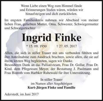 Traueranzeige von Ingrid Finke  von Magdeburger Volksstimme