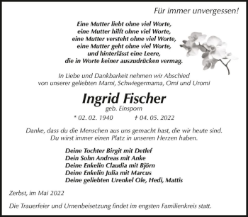 Traueranzeige von Ingrid Fischer (geb. Einsporn)  von Magdeburger Volksstimme