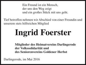 Traueranzeige von Ingrid Foerster  von Magdeburger Volksstimme